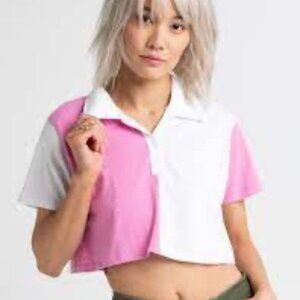 Tillys Full Tilt Pink & White Color Block Cropped Polo Shirt Size M NWT 100% Cot